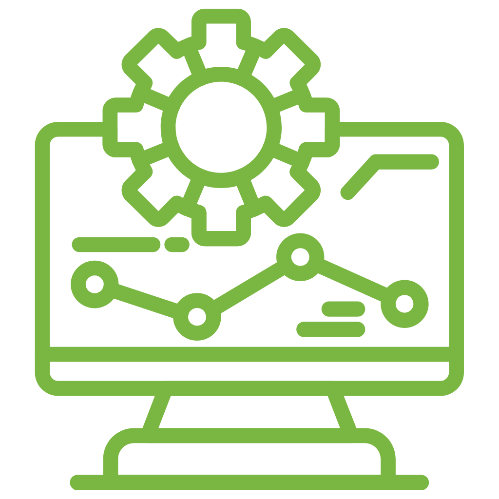 Computer screen icon with a gear, showing enhanced drill-down capabilities.