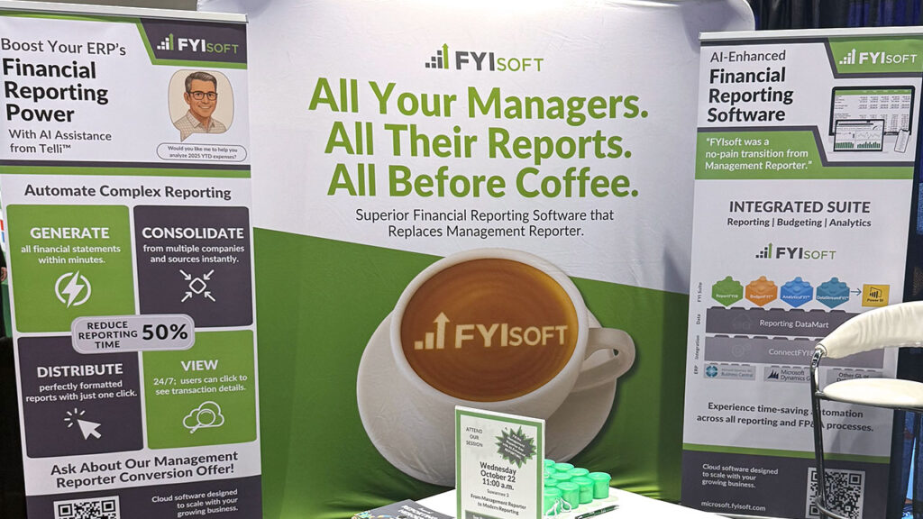 A trade show booth for FYIsoft features banners promoting cloud-based reporting with instant integration, with slogans about boosting managers and reports efficiency before coffee. Visuals include a coffee cup and charts explaining software features.