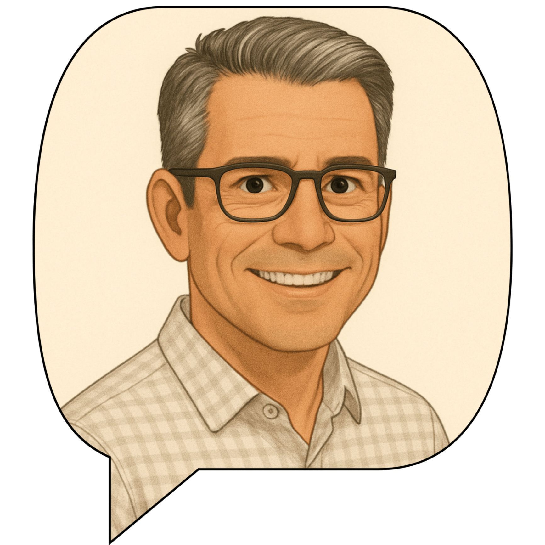 Illustration of a smiling middle-aged man with short gray hair, wearing black glasses and a light plaid button-up shirt, depicted as an AI Financial Analyst (Telli) inside a speech bubble on a beige background.